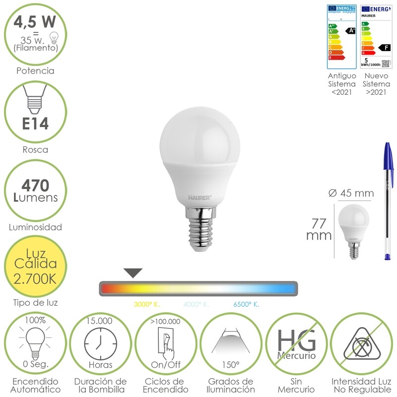 Bombilla Led Esférica Rosca E14 4.5 Watt. Equivale A 35 Watt. 470 Lúmenes. Luz Cálida (00 K)