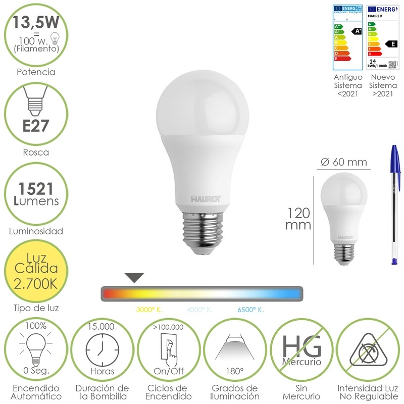 Bombilla Led Estándar Rosca E27. 13,5 Watt. Equivale A 100 Watt. 1521 Lúmenes. Luz Cálida (3000 K.)