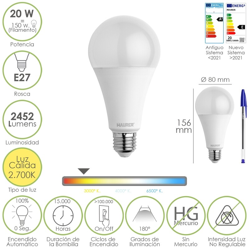 Bombilla Led Estándar Rosca E27. 20  Watt. Equivale A 150 Watt. 2452 Lúmenes. Luz Cálida (3000 K.)