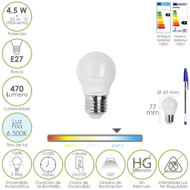 Bombilla Led Esférica Rosca E27 4.5 Watt. Equivale A 55 Watt. 470 Lúmenes. Luz Fría (6500 K)