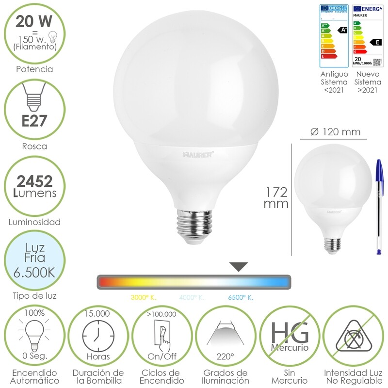 Bombilla Led Globo E27. 20 Watt. Equivale A 150 Watt. 2452 Lúmenes. Luz Fría 6500 K.