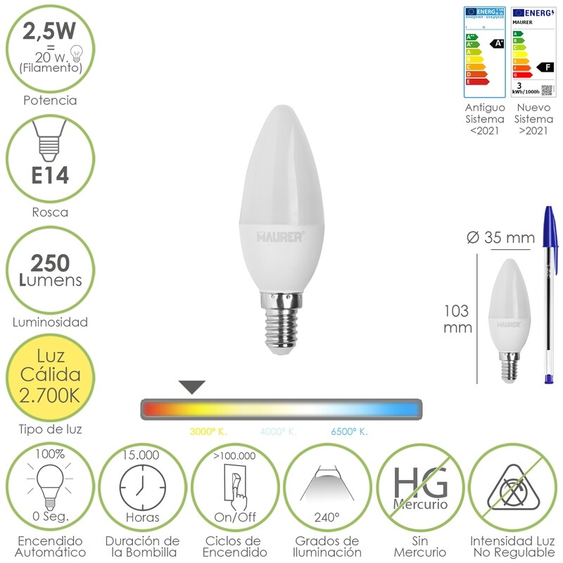 Bombilla Led Vela E14. 2,5 Watt. Equivale A 20 Watt. 250 Lúmenes. Luz Cálida 2700 K.