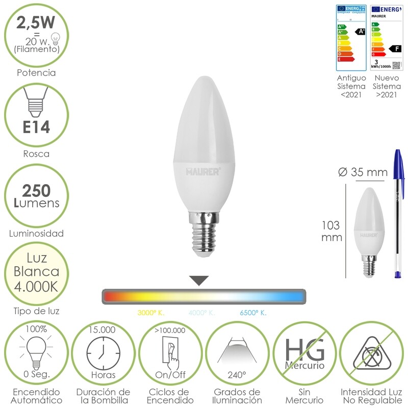 Bombilla Led Vela E14. 2,5 Watt. Equivale A 20 Watt. 250 Lúmenes. Luz Neutra 4.000 K.