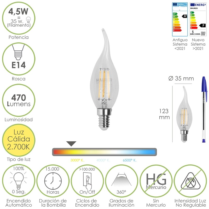 Bombilla Led Filamento Vela Llama E14. 4,5 Watt. Equivale A 35 Watt. 470 Lúmenes. Luz Cálida 2700 K.