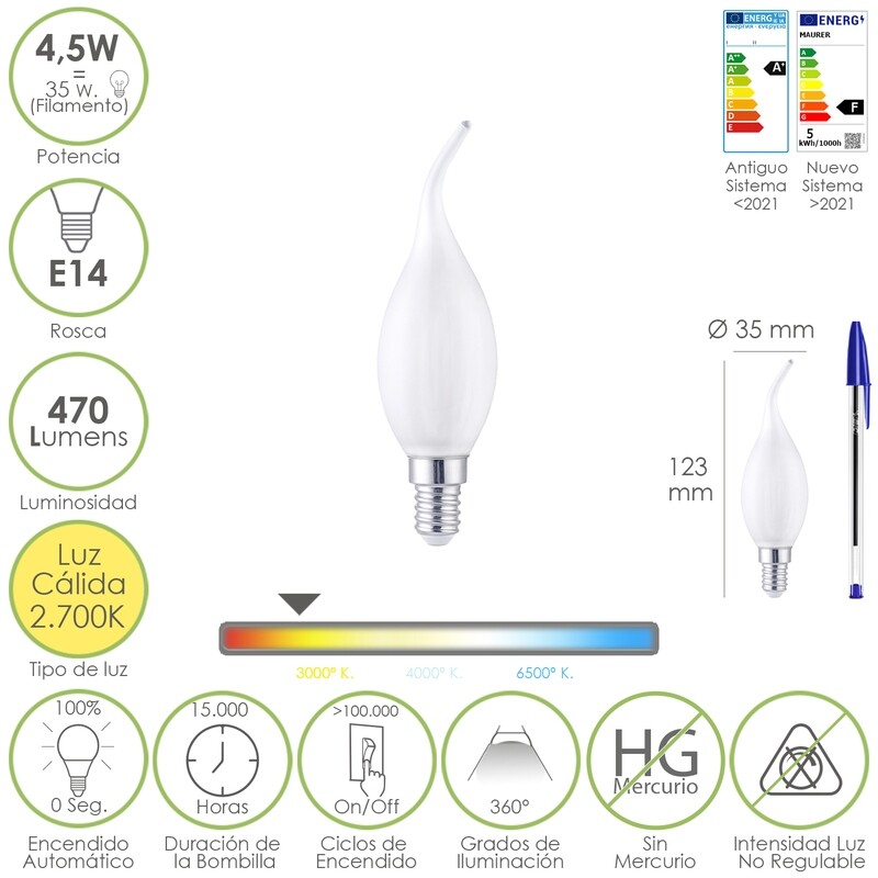 Bombilla Led Filamento Vela Llama Esmerilada E14. 4,5 Watt. Equivale A 35 Watt. 470 Lúmenes. Luz Cálida 2700 K.