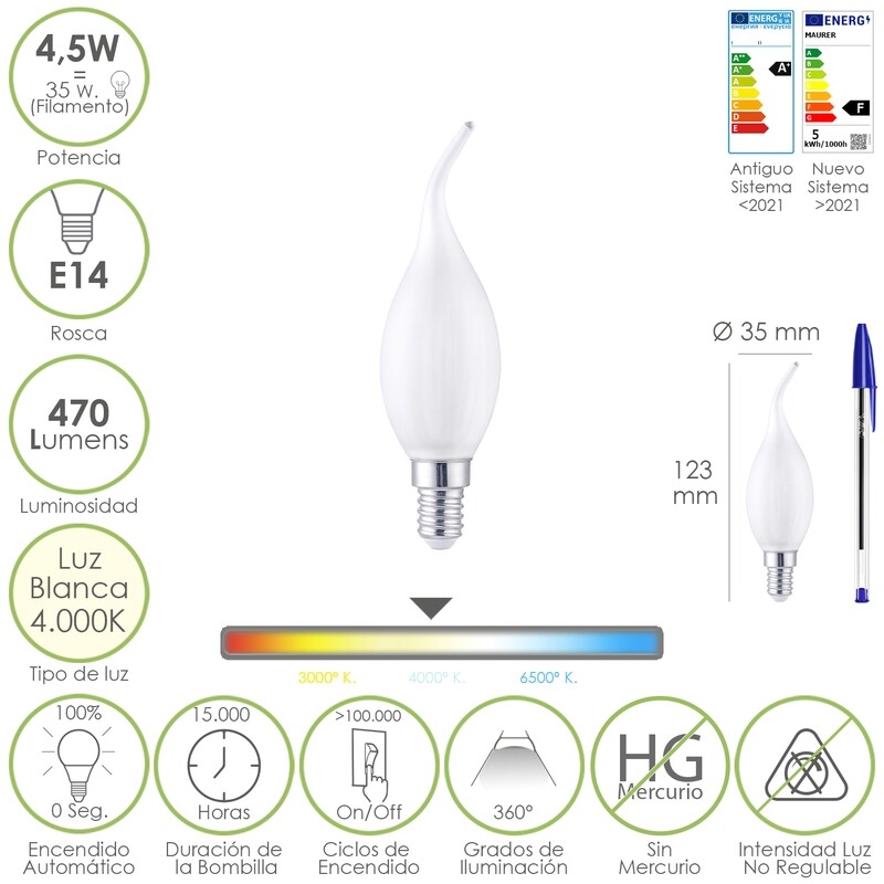 Bombilla Led Filamento Vela Llama Esmerilada E14. 4,5 Watt. Equivale A 35 Watt. 470 Lúmenes. Luz Neutra 4000 K.