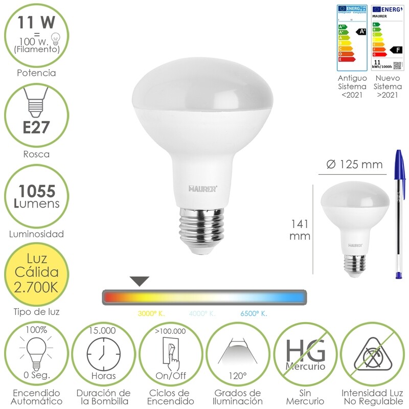 Bombilla Led Reflectante E27. 11 Watt. Equivale A 100 Watt. 1055 Lúmenes. Luz Cálida 2700 K.