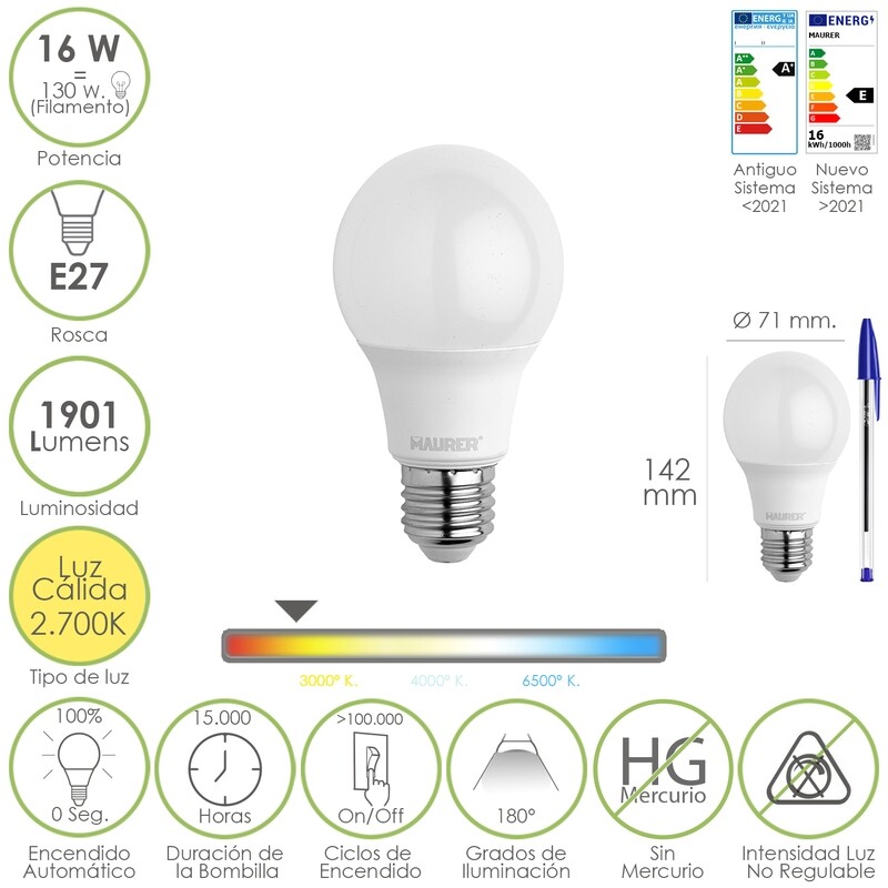 Bombilla Led Estándar Rosca E27. 16 Watt. Equivale A 130 Watt. 1901 Lúmenes. Luz Cálida 2.700 K.