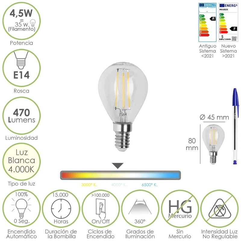 Bombilla Led Filamento Globo Rosca E14. 4,5 Watt. Equivale A 35 Watt. 470 Lúmenes. Luz Neutra 4000 K.