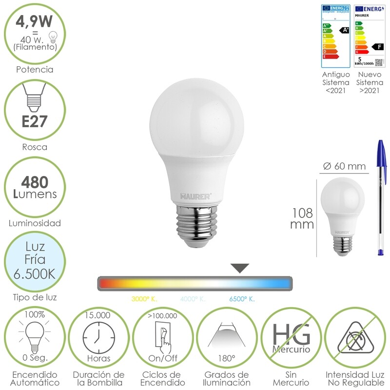 Bombilla Led Estándar Rosca E27. 4.9 Watt. Equivale A 40 Watt. 480 Lúmenes. Luz Fría (6500 K.)
