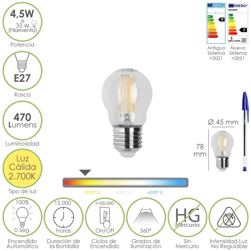 Bombilla Led Filamento Globo Rosca E27. 4,5 Watt. Equivale A 35 Watt. 470 Lúmenes. Luz Cálida 2700 K.