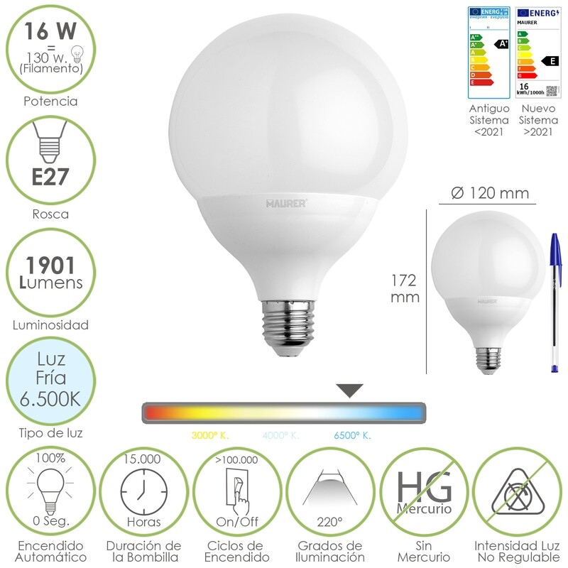 Bombilla Led Globo Rosca E27. 16 Watt. Equivale A 130 Watt. 1901 Lúmenes. Luz Fría 6500 K.