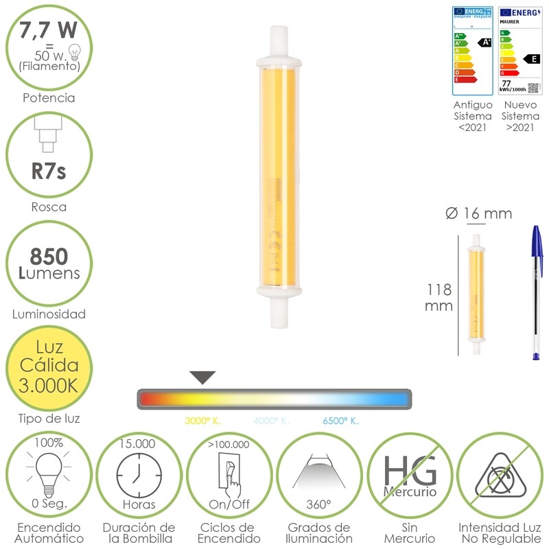 Bombilla Led Para Focos Rosca R7S. 7,7 Watt. Equivale a 50 Watt. 850 Lúmenes. Luz Cálida (3000 K)