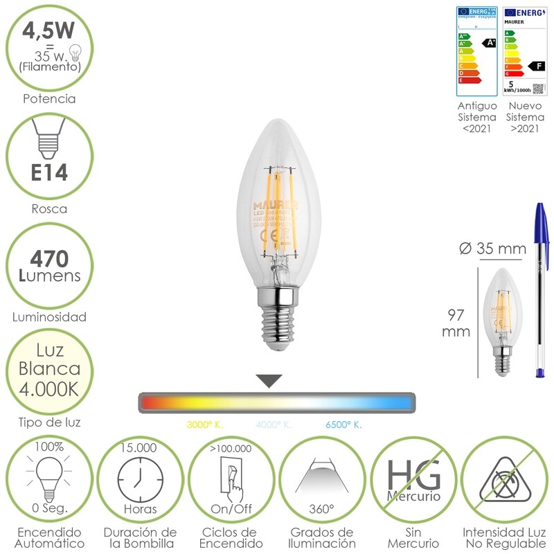 Bombilla Led Filamento Vela Rosca E14. 4,5 Watt. Equivale A 35 Watt. 470 Lumenes. Luz Neutra 4000 K.