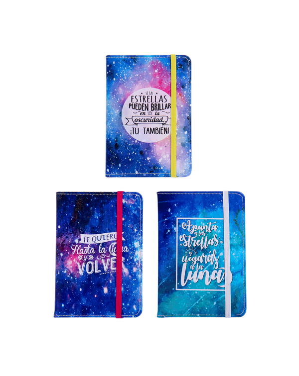 LIBRETA "UNIVERSO" CON CIERRE DE BANDA ELÁSTICA