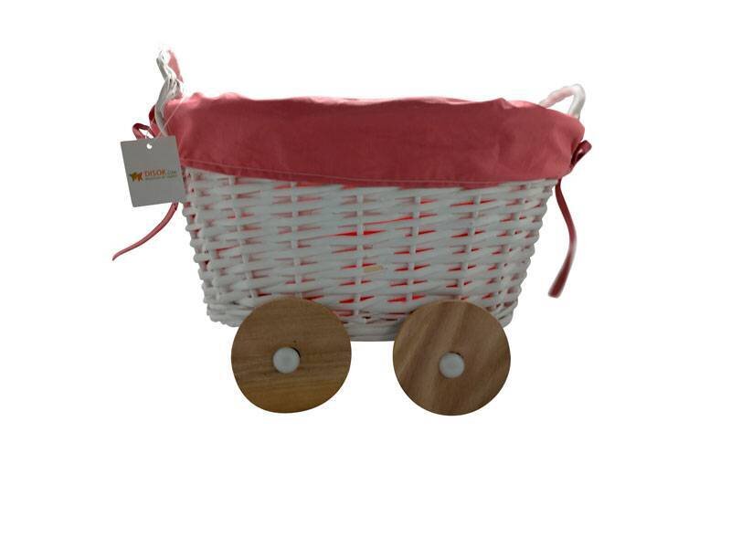 CESTA DE MIMBRE EN FORMA DE CARRITO ROSA