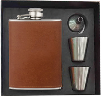 Set Petaca Inox- Piel  8 OZ  + vasos