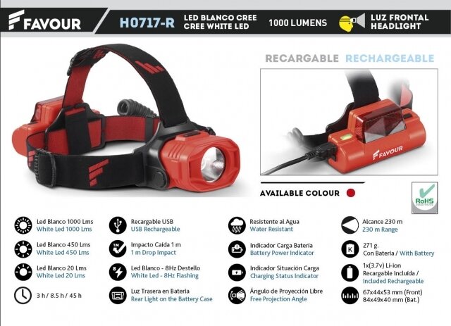 FRONTAL RECARGABLE 1000LM. Roja.