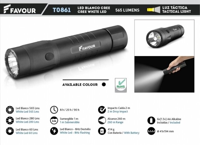 Linterna LED alum. WATER. Incluye 6 AA