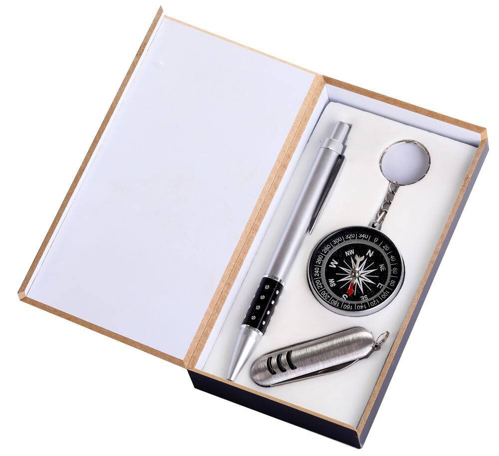 BOL͍GRAFO + NAVAJA + BR�JULA EN CAJA DE MADERA