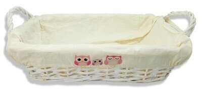 CESTA RECTANGULAR MIMBRE BLANCA BUHO ROSA