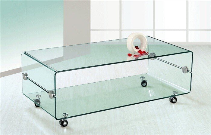 Mesa MELBOURNE, cristal curvado, ruedas, 120x60 cms