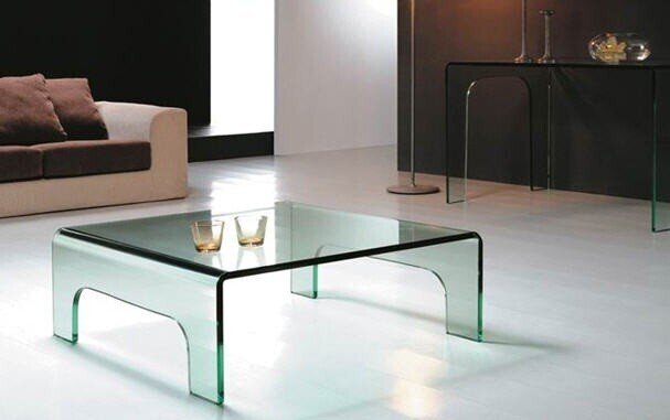 Mesa EVORA NEW, baja, cristal curvado, 90x90 cms
