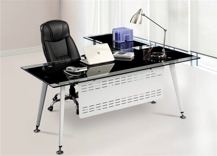 Mesa de oficina DOHA, mueble a izquierda, cristal, 180x85 cms
