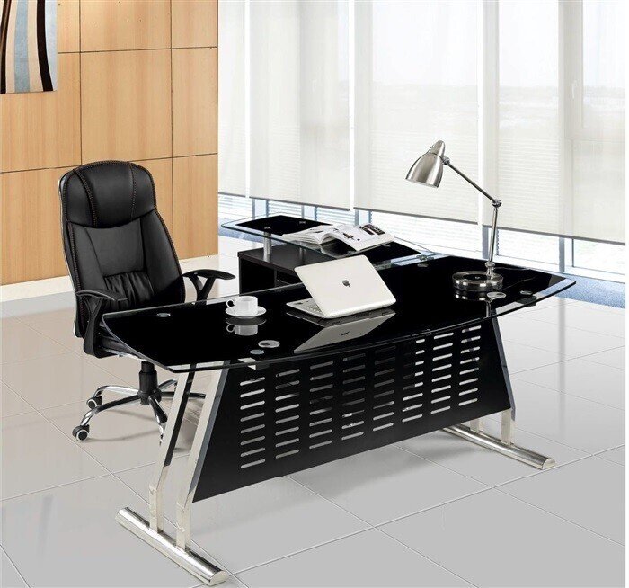 Mesa de oficina EVIAN, oval, mueble a izquierda, cristal, 160x80 cms