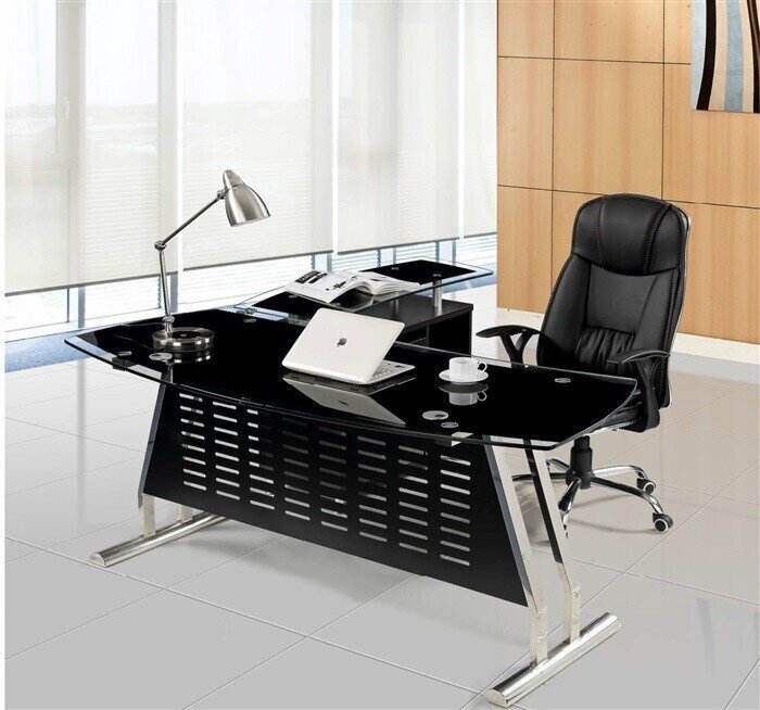 Mesa de oficina EVIAN, oval, mueble a derecha, cristal, 180x85 cms