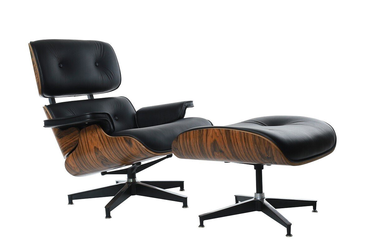 Butaca con ottoman EA, palo rosa, piel negra