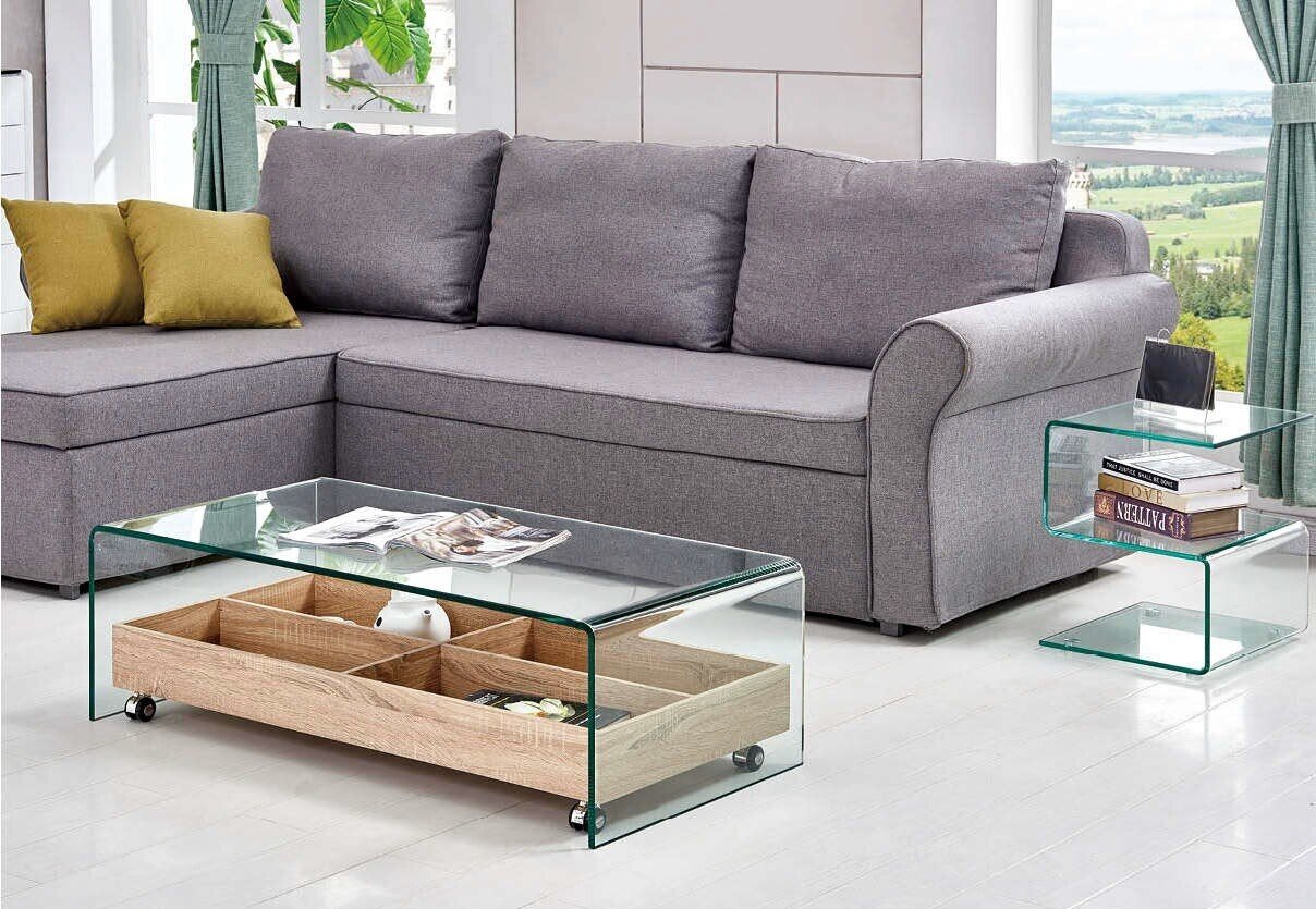 Mesa ARIANA, baja, cristal templado, madera,  110x55 cms