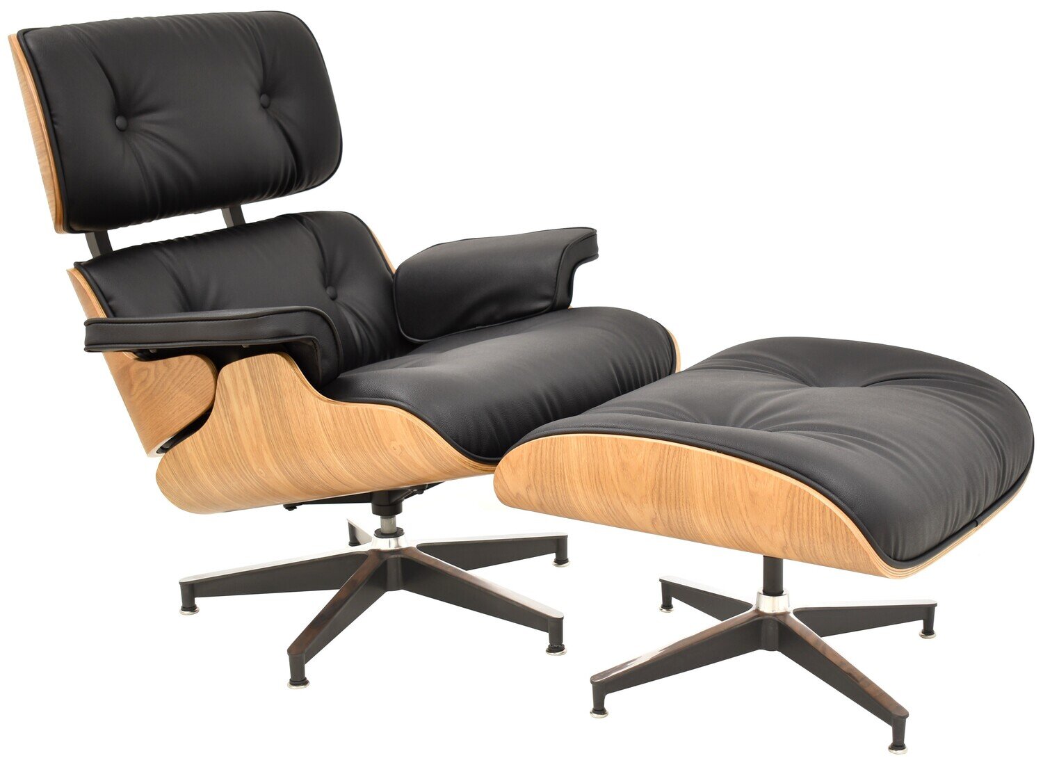 Butaca con ottoman EA, fresno, piel negra