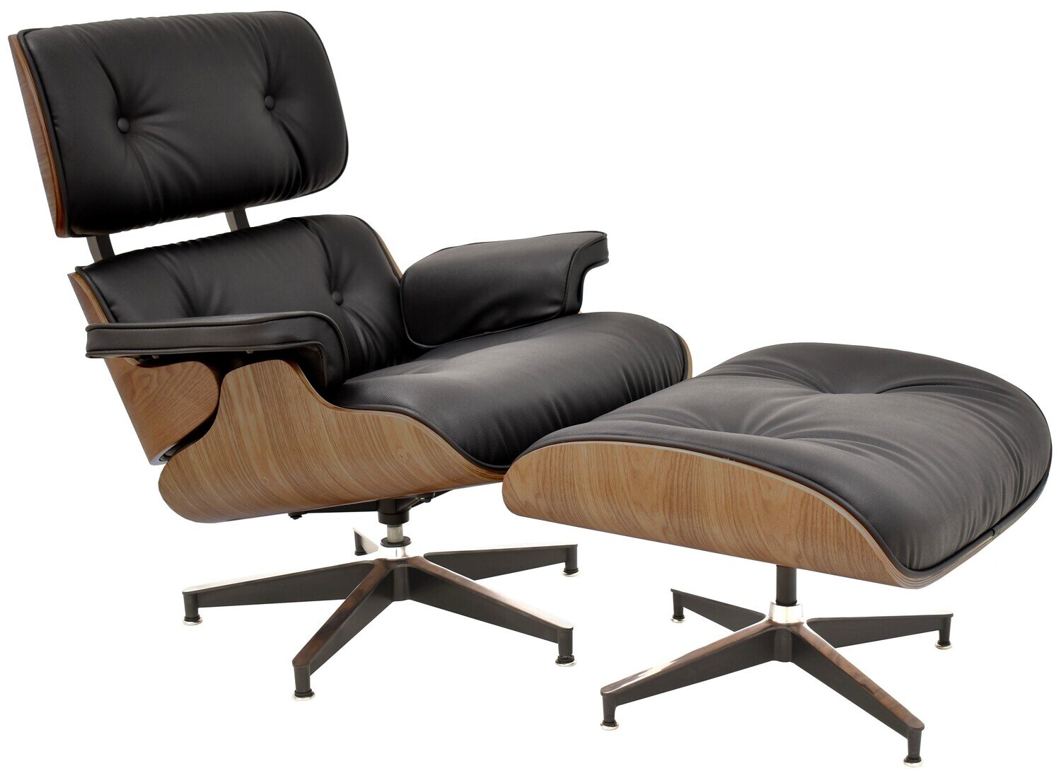 Butaca con ottoman EA, nogal, piel negra