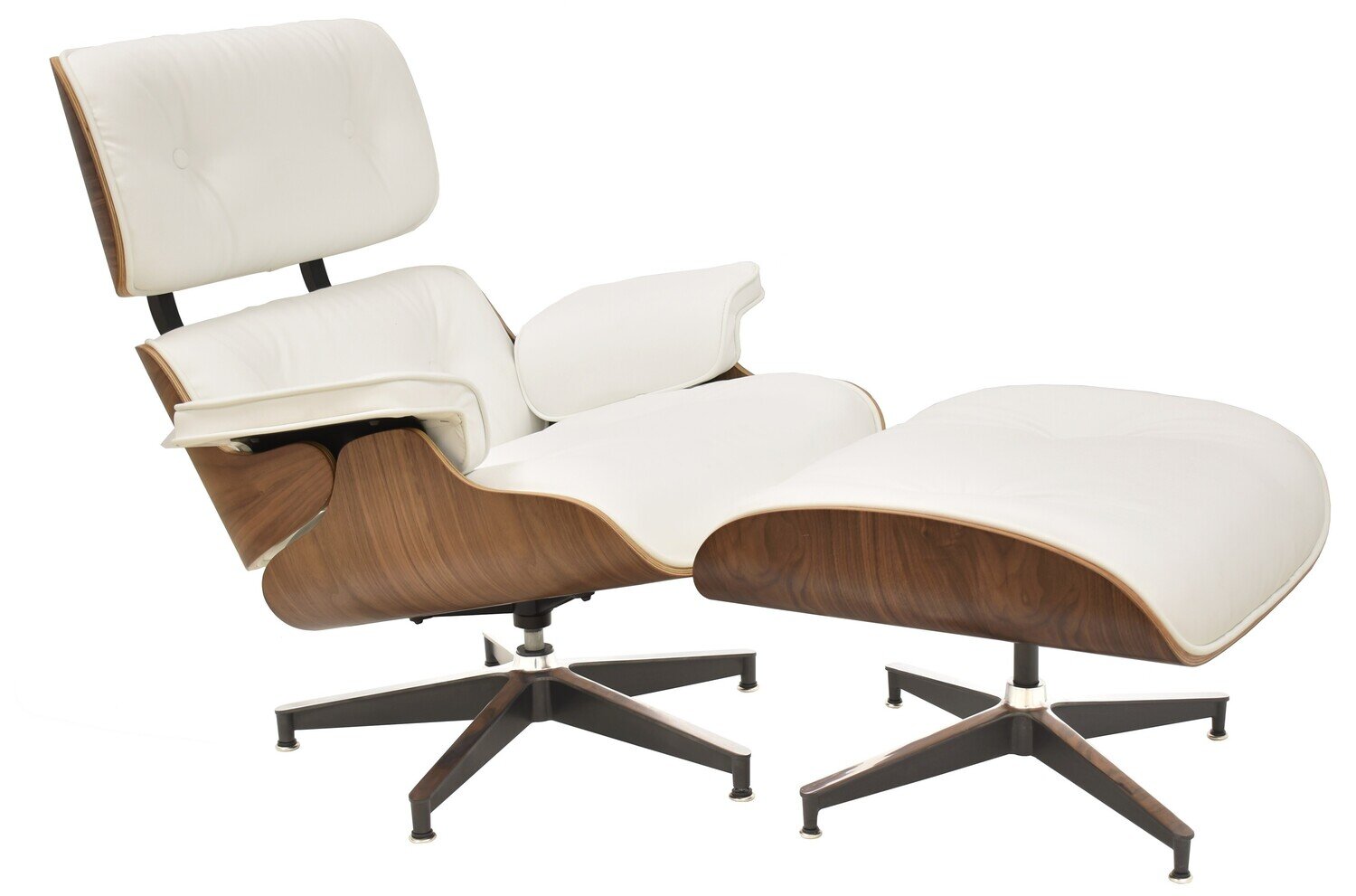 Butaca con ottoman EA, nogal, piel blanca
