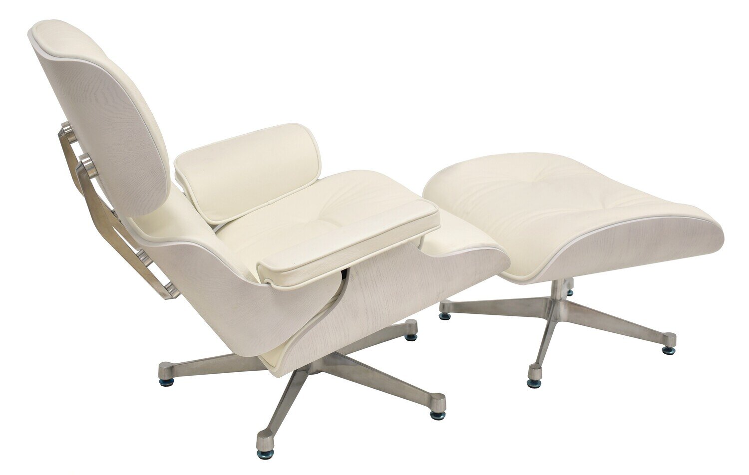 Butaca con ottoman EA, blanca, base pulida, piel blanca