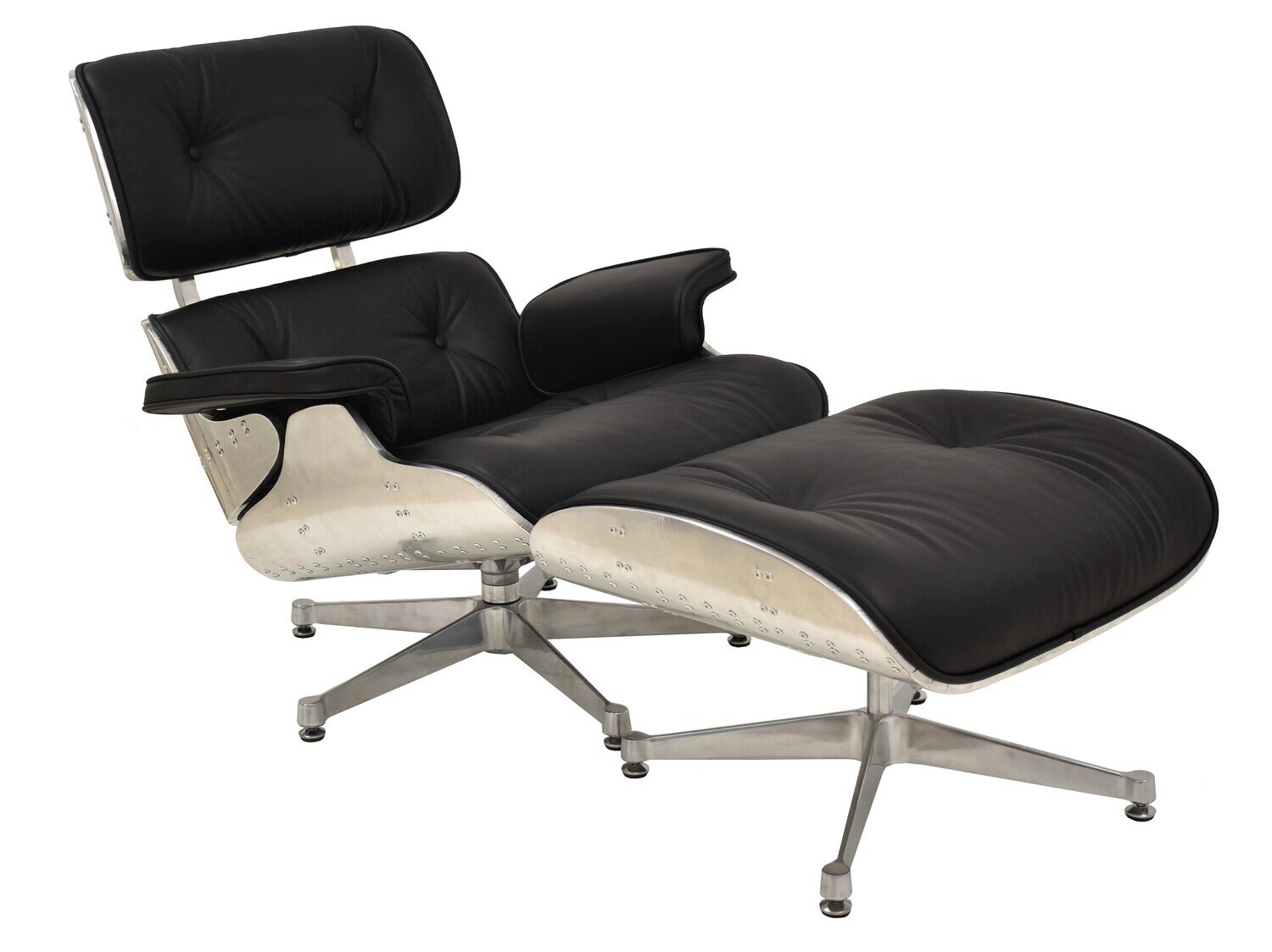 Butaca con ottoman EA, aluminio, base pulida, piel negra