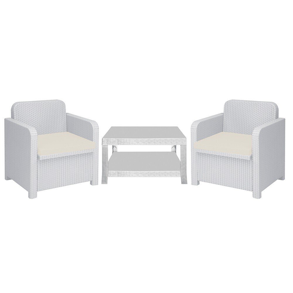Conjunto C�RCEGA, 2 Sillones + mesa, poli Rat�n blanco, cojines