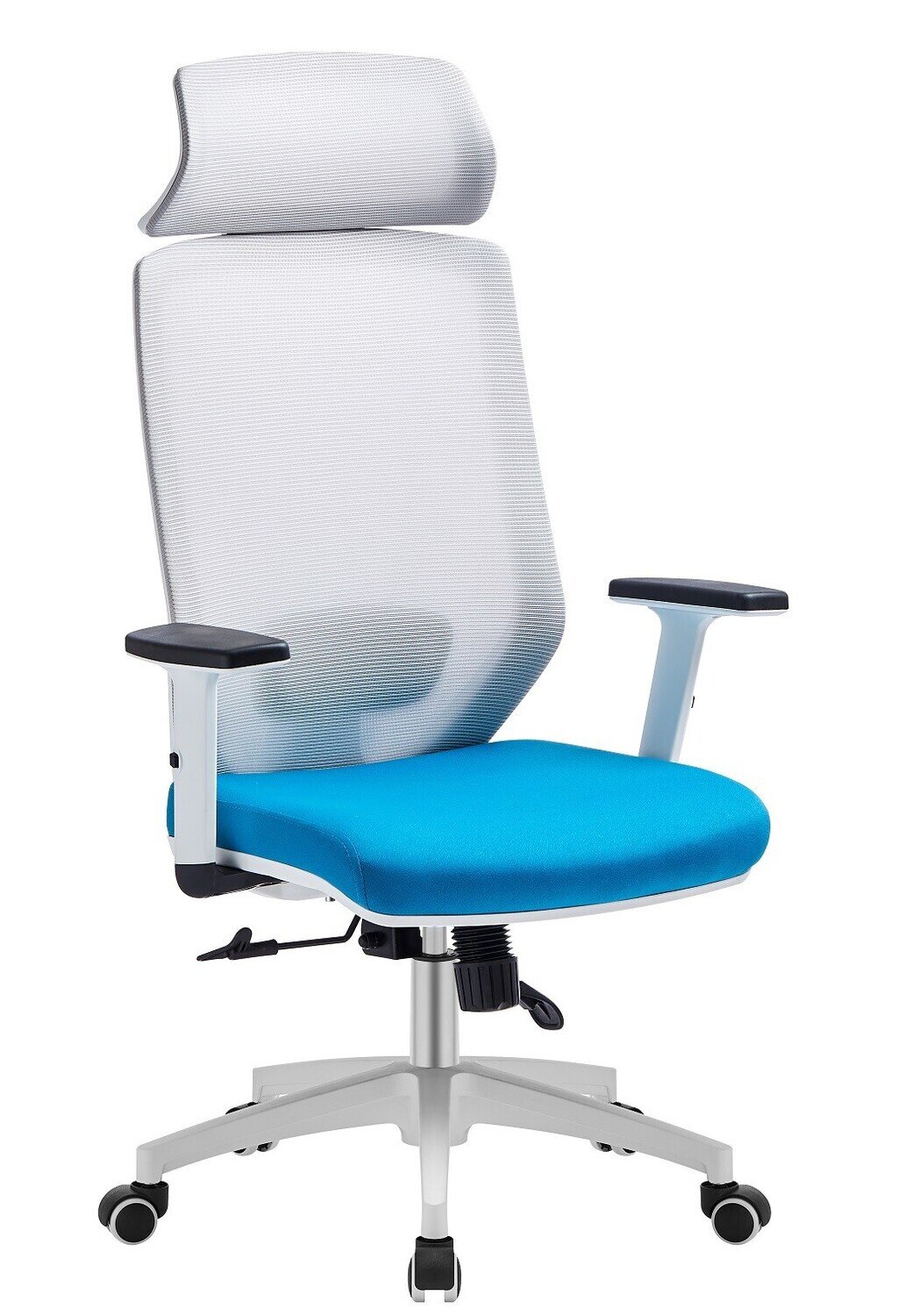 Sill�n de oficina CLAYTON, blanco, malla gris, tejido azul claro