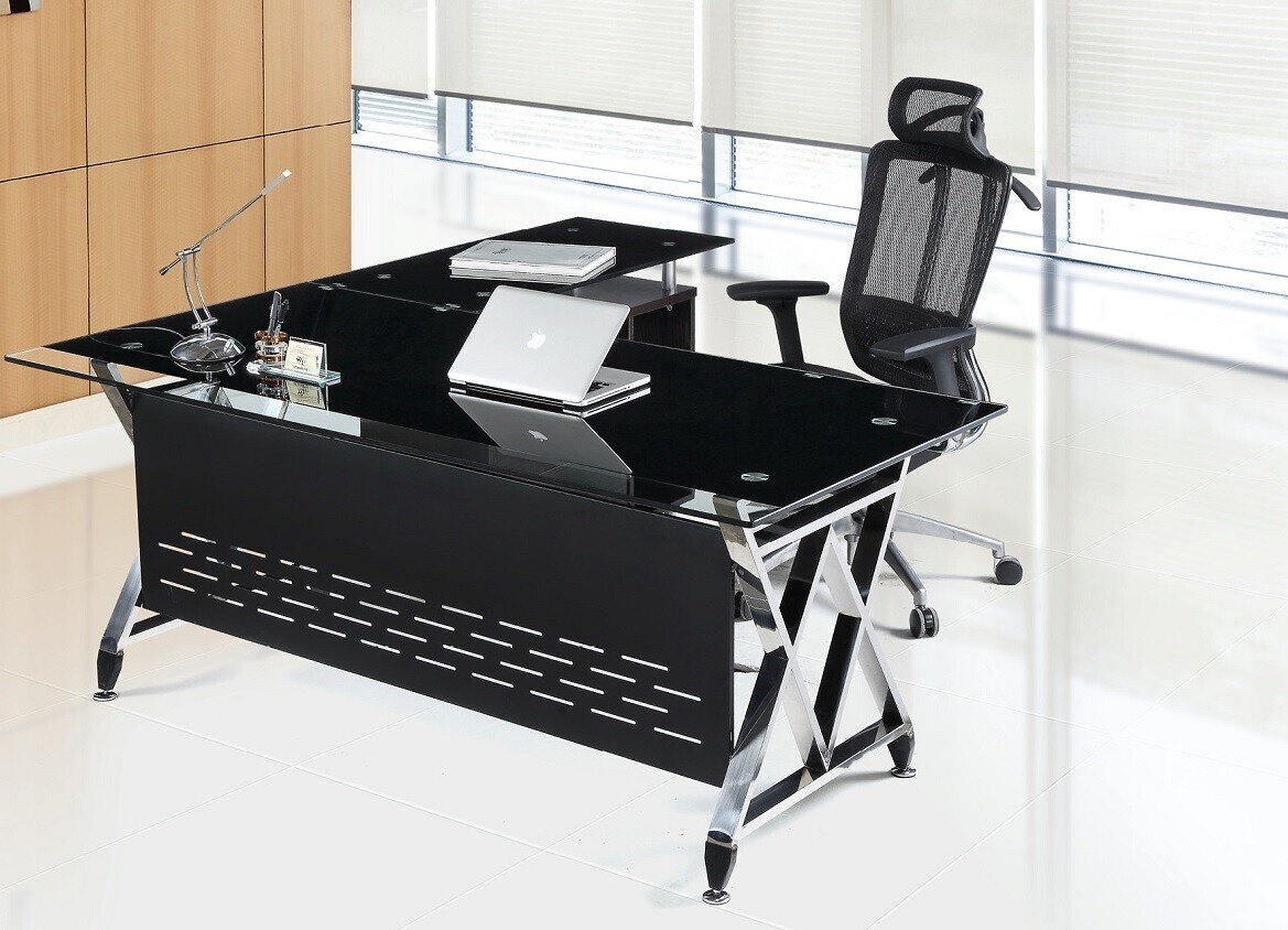 Mesa de oficina LESSOC, mueble a derecha, cristal, 180x85 cms