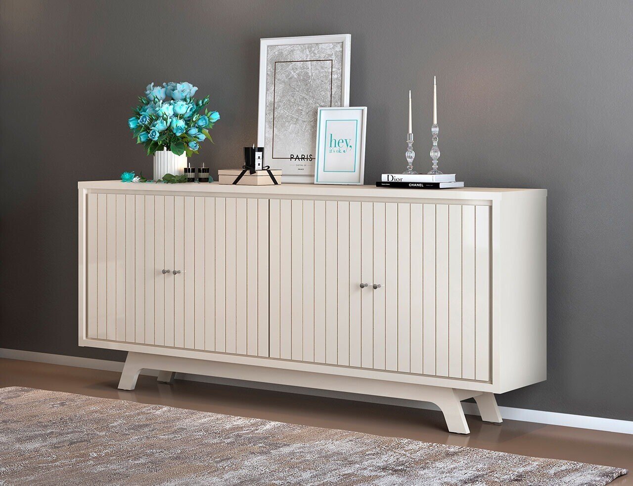 Buffet BREST, 4 puertas, madera, blanco roto, 180 cms.