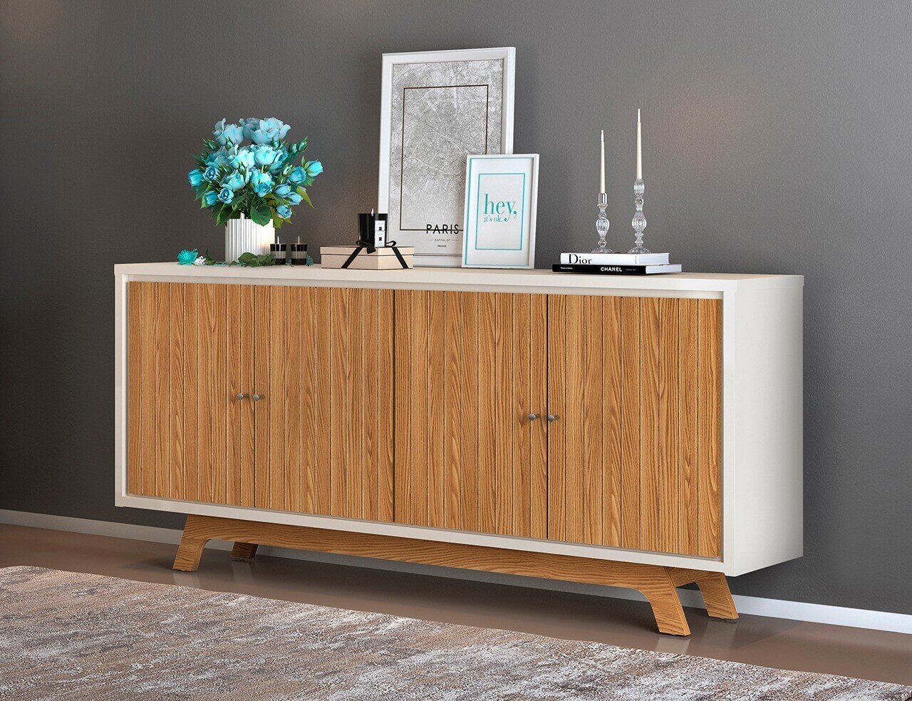 Buffet BREST, 4 puertas, madera, roble y blanco roto, 180 cms.