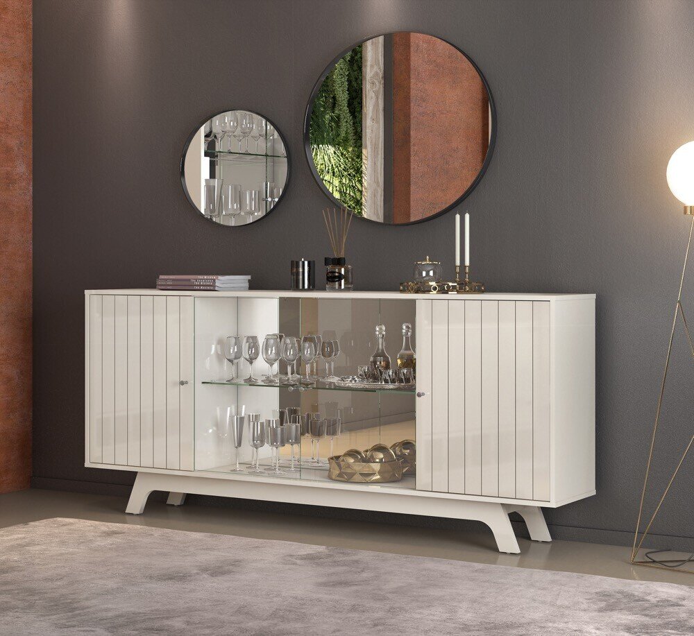 Buffet GRENOBLE, 4 puertas, cristal, madera, blanco roto, 180 cms.