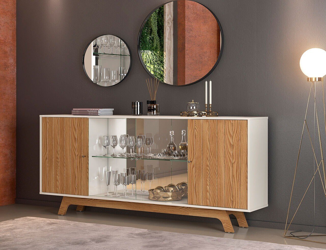 Buffet GRENOBLE, 4 puertas, cristal, madera, roble y blanco roto, 180 cms. Buffet GRENOBLE, 4 puertas, cristal, madera, roble y blanco roto, 180 cms.