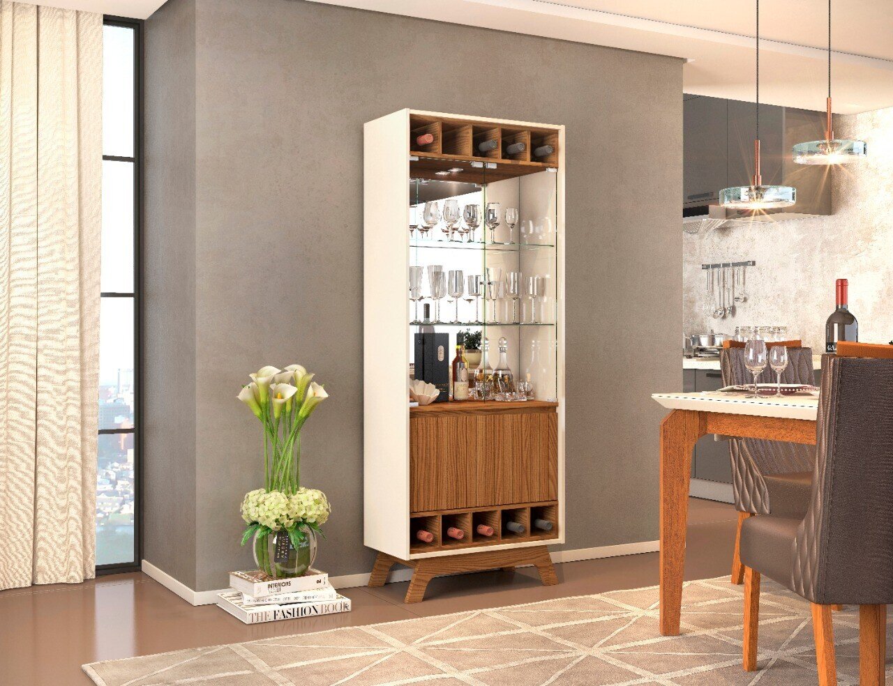 Vitrina GRENOBLE, cristal, espejo, madera, roble y blanco roto