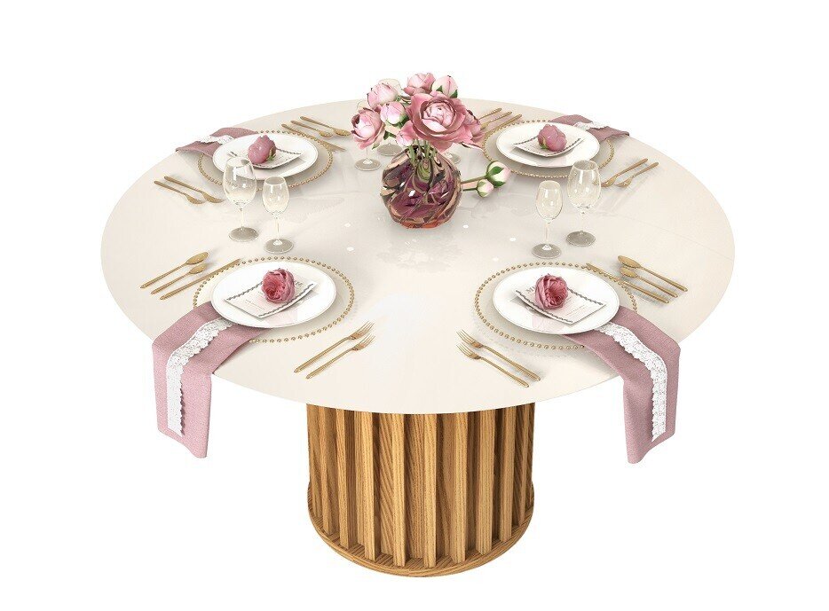 Mesa VIRGINIA, madera, cristal, roble y blanco roto, 136 cms. de di�metro