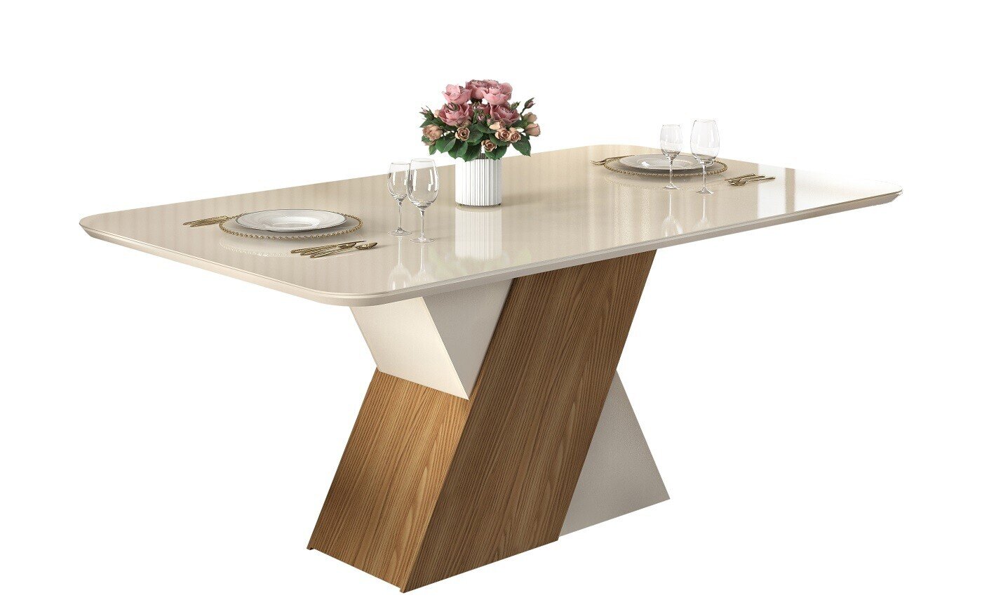 Mesa RUTH, madera, cristal, roble y blanco roto, 170x90 cms