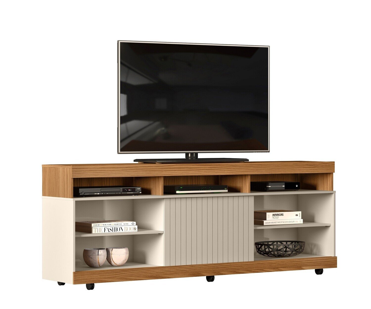 Mueble DIAMELA, multiusos, madera, roble y blanco roto, 180 cms.