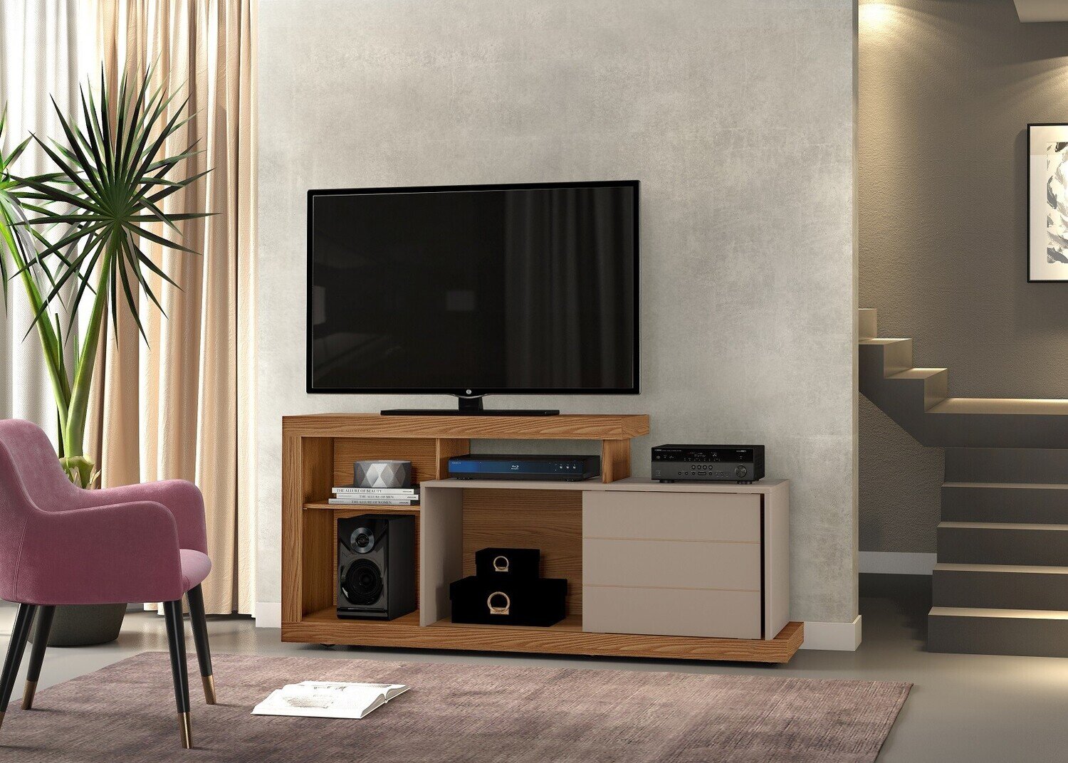 Mueble PANDORA, multiusos, madera, roble y gris, 160 cms.