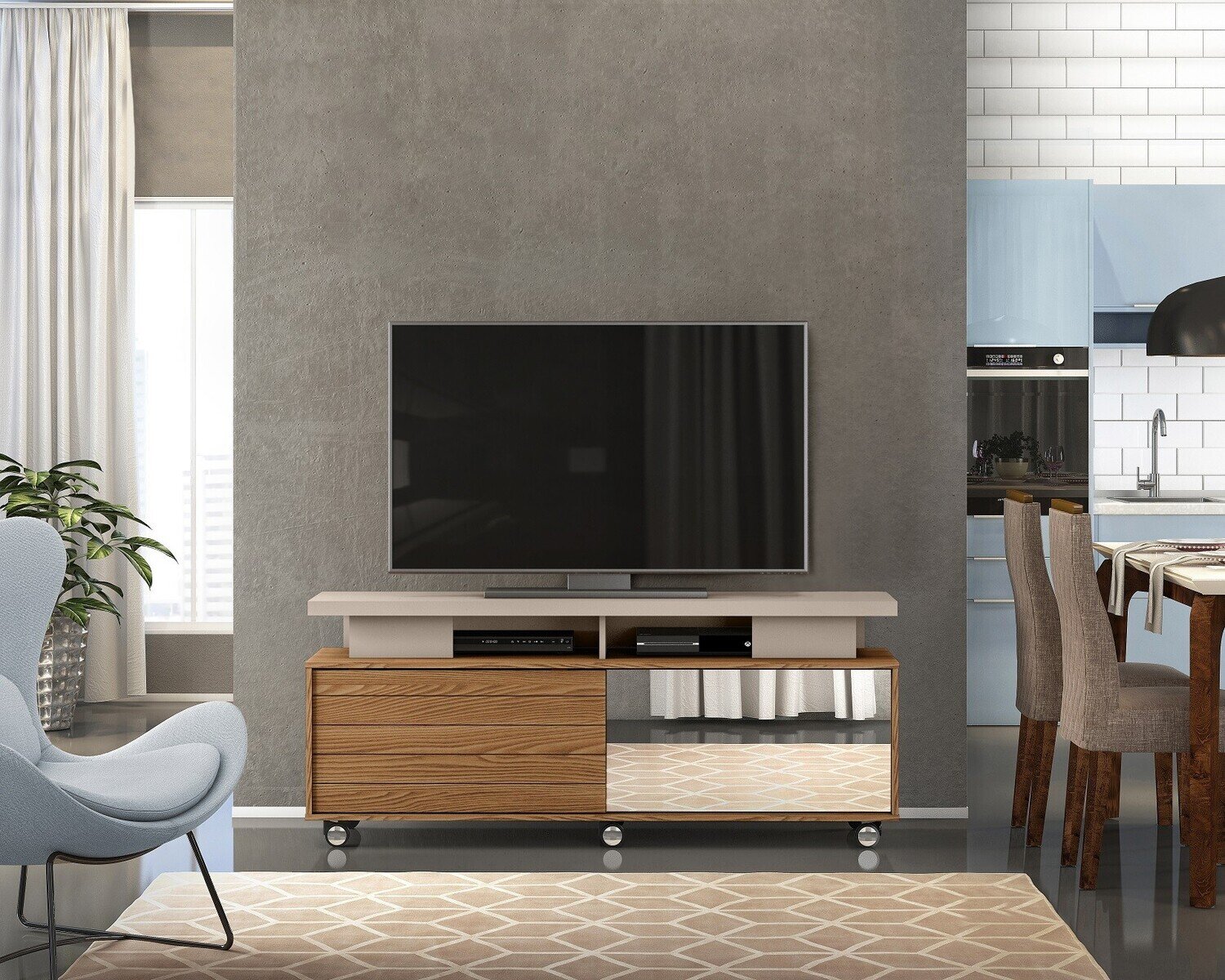 Mueble AGATHA, multiusos, madera, espejo, roble y gris, 150 cms.